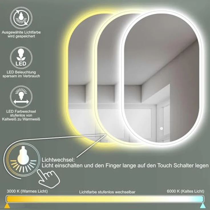 HOKO LED Design Spiegel oval 45 x 75 cm, Badspiegel mit Touch Schalter, warmweiß-kaltweiß-neutrales Licht, HOCH + QUER Montage, IP44 feuchtraumgeeignet – Bild 2