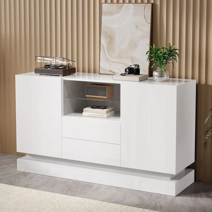 ZUBALIYA Sideboard 140x40x80 cm, mit LED-Beleuchtung, Hochglanz, mit 2 Türen, aus Spanplatte, Weiß – Bild 6