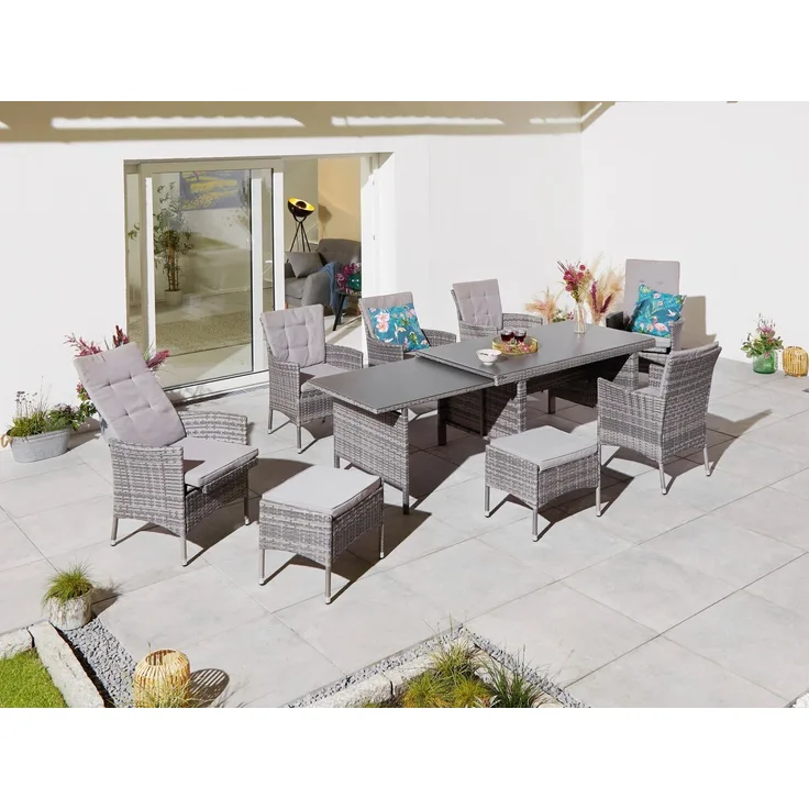 KONIFERA Garten-Essgruppe Parla, (Set, 21-tlg, 6xSessel, 1x AZ-Tisch 150-242,5cm,2x Hocker,inkl. Auflagen, Polyrattan), 2 der 6 Sessel sind verstellbar, Grau, Tischplatte aus Sicherheitsglas