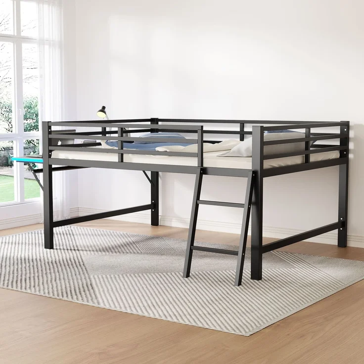 Merax 140 x 200 cm Kinderbett, Metallbett, Ohne Matratze, Geländer, Leiter, Schreibtisch, LED-Lichtband, Schwarz – Bild 6