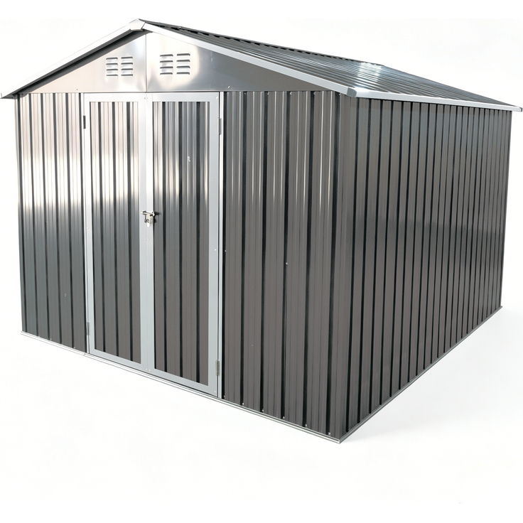 ZUBALIYA Metall-Gartenschuppen 10x8 ft mit Spitzdach in Grau als Außenlager. Der Schuppen ist mit einem integrierten Bodenrahmen ausgestattet. Grundfläche: 7,46 m² – Bild 17