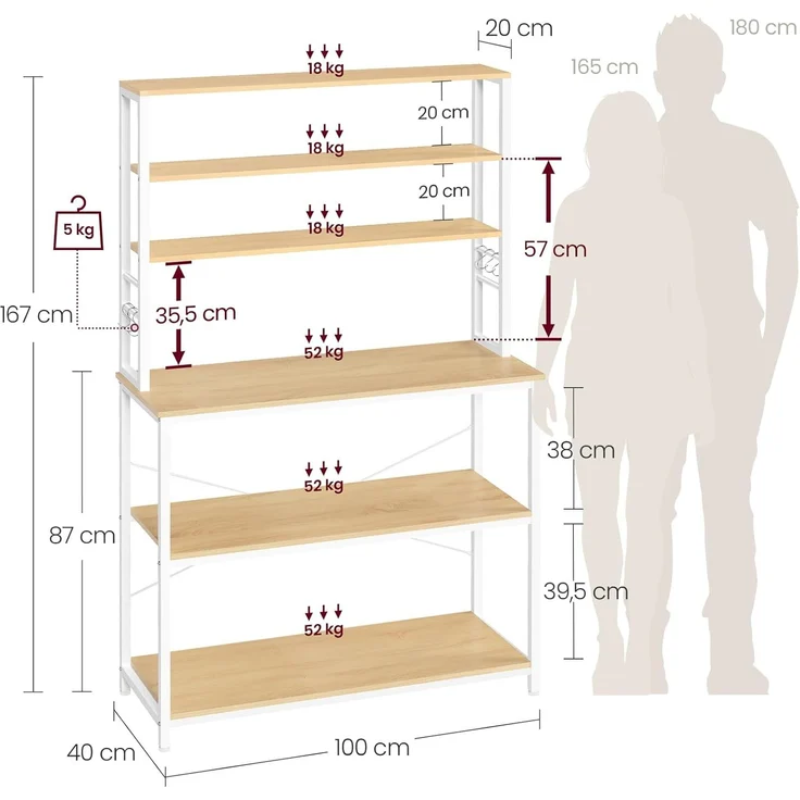 Vasagle Küchenregal mit Ablage und 6 Haken, Stahl eichenfarben-weiß, 40 x 100 x 167 cm – Bild 3