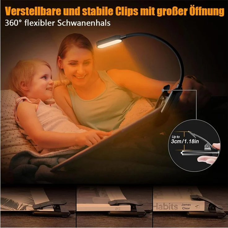 TUWENA LED Leselampe Leselampe Buch Klemme,Wiederaufladbare Buchlampe,Helligkeit Klemmlampe, 360° Flexibel Buchlampe mit 9 LEDs, 3 Farbtemperatur Modi für Bett – Bild 3