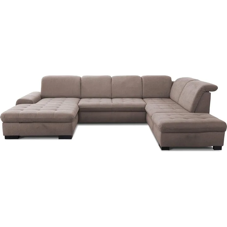 CAVADORE U-Form Lexi mit XXL-Longchair / Inkl. Bett, Bettkasten, Stauraum und Kopfteilfunktion / Leichte Fleckenentfernung dank Soft Clean / 329x82-99x224 / Flachgewebe: Hellbraun