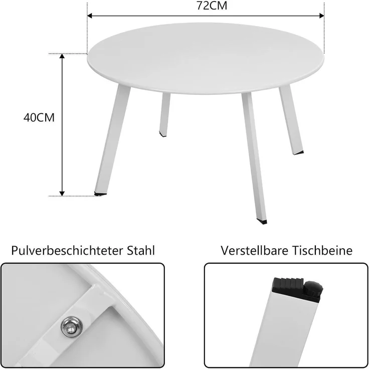 Runder Metall Beistelltisch Garten Sofatisch Kaffeetisch Weiß Ø 70 x 40H cm – Bild 3