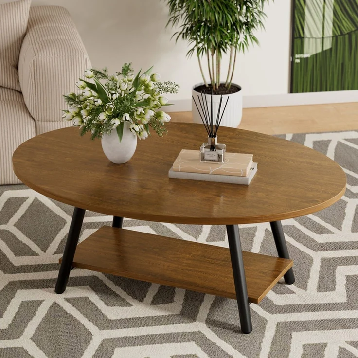 Hawthyhome Runder Beistelltisch 2-stöckiger Couchtisch mit Stauraum, ovale Tischplatte, Massivholz & Metallrahmen, moderner Industriestil, wasserdicht & verschleißfest, schnelle Montage, für Wohnzimmer & Schlafzimmer, Gelb – Bild 7