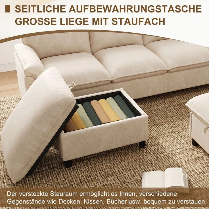 Merax U-förmiges modulares Sofa, bequemes Ecksofa mit Deep-Seat-Design, mit 2 beweglichen Fußhockern, hohe Rückenlehne, Chenille, Beige, B264.5/D142.5/H84 – Bild 7