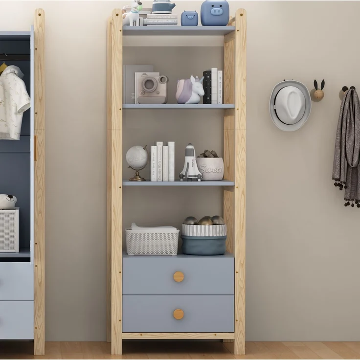 CHICFURN Kleiderschrank-Set 2-tlg. 160x180,5x44 cm mit Kleiderstange und Schubladen – Blau/Natur – Bild 2