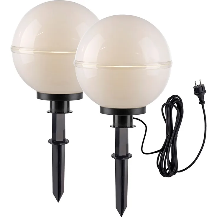2x Außen Steckleuchten, Kugel, weiß, Erdspieß, Kabel, D 30 cm