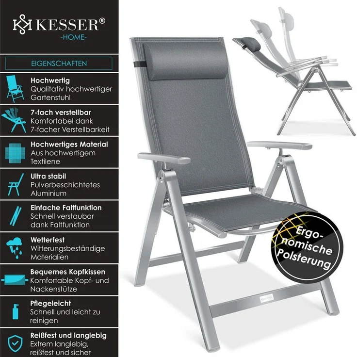 KESSER® Gartenstuhl Hochlehner mit Armlehnen | Aluminium Klappstuhl inkl. Kopfkissen Campingstuhl 7-Fach Verstellbar Rückenlehne | Atmungsaktiv & Wetterfest | Klappbar & Anti-Rutsch Hellgrau, 1 Stück – Bild 2