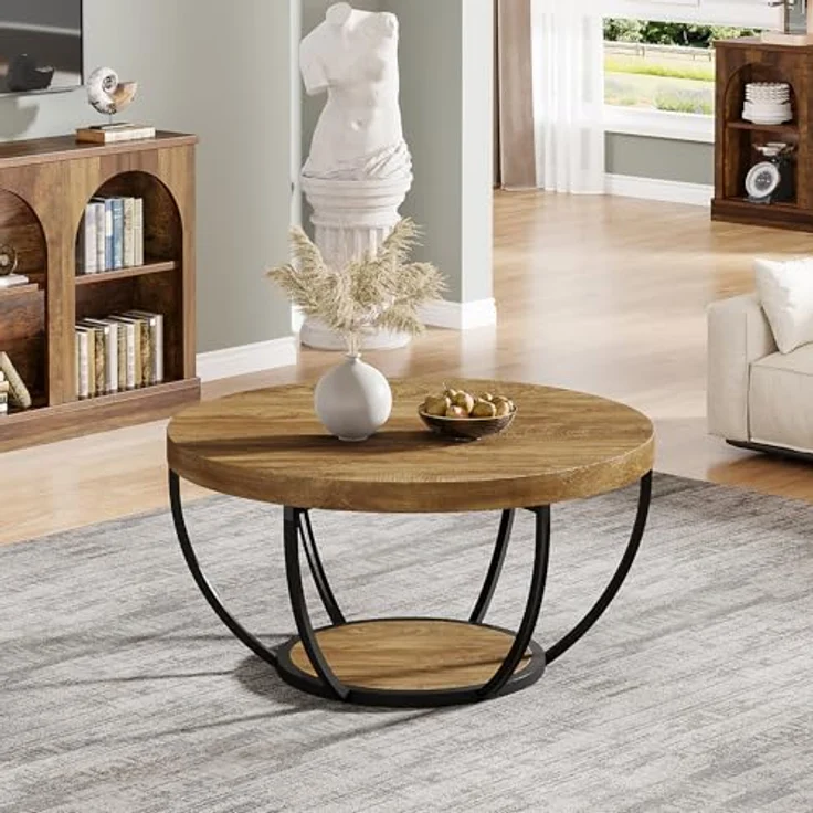 LITTLE TREE Runder Couchtisch, 81,3 cm, runder Couchtisch für Wohnzimmer, 2-stöckiger Holzakzent-Mitteltisch mit offenem Stauraum, Industrie-Design, Wohnmöbel, Hellbraun – Bild 9