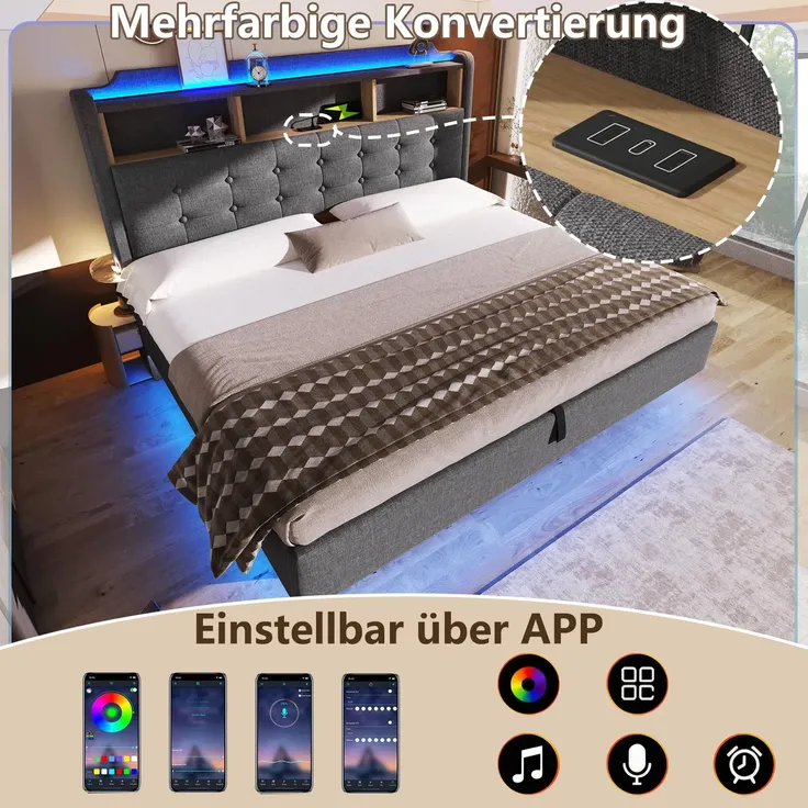 Polsterbett mit LED-Streifen, Type-C, USB und Stauraum, in schwebender Optik, gepolsterter Kopfteil, 180x200 cm, Doppelbett, Stauraumbett, Leinen – Bild 6
