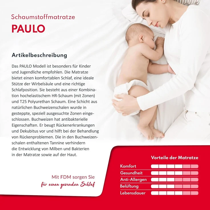 FDM 'Paulo' Kindermatratze, 60x120 cm, 9 Zonen Kaltschaum, Buchweizen, H3, Höhe 16 cm – Bild 2