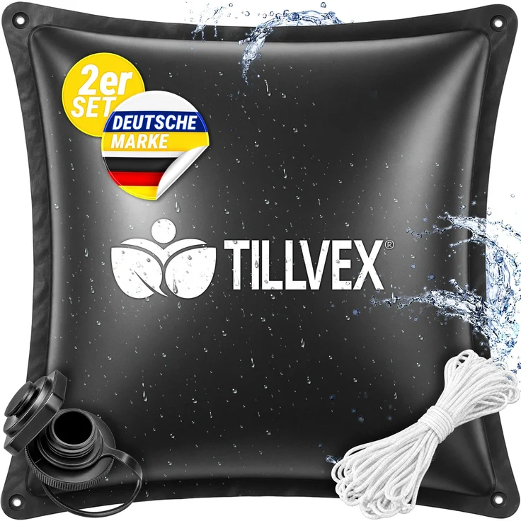 tillvex® Poolkissen Winter 2X XXL 120x120 cm mit 12m Seil & Reparaturkit | Luftkissen zur Poolabdeckung frost- & chlorbeständig bis -20°C | Winterkissen inkl. Schraubventil | Kissen Überwinterung Pool – Bild 2