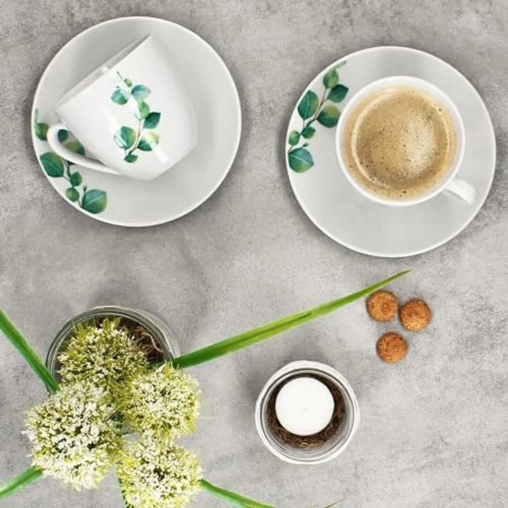 MamboCat Tasse 6er Set Eukalyptus Kaffeetassen mit Untertassen 6 Personen Porzellan, Porzellan – Bild 3