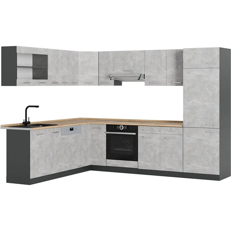 Eckküche R-Line Beton/Anthrazit 287 x 227 cm, AP Eiche Vicco