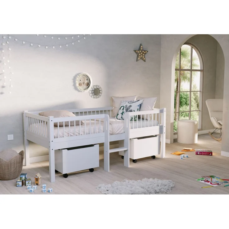 FORREST Buche Junior-Spielbett 90x200 cm, inkl. Lattenrost, 2 Rollboxen und Leiter, Ausf. Buche massiv weiß lackiert – Bild 1