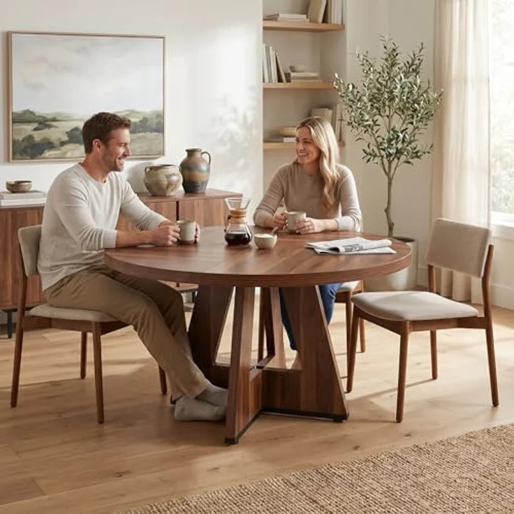 LITTLE TREE Runder Esstisch 120 cm, Esszimmertisch mit Holzsockel für 4–6 Personen, Kleiner Küchentisch im Minimalistischen Design, für Wohnzimmer Balkon Esszimmer, Retro Braun – Bild 2