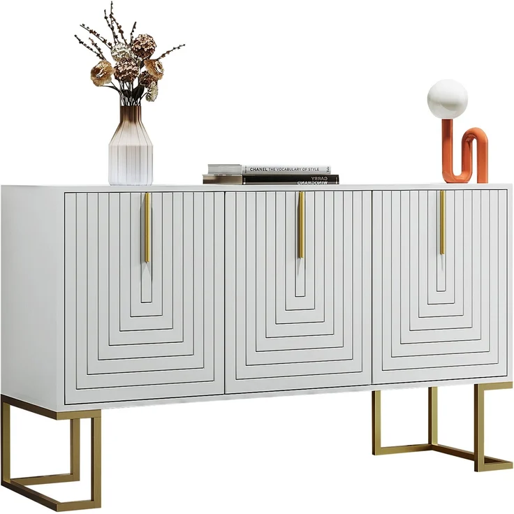 Merax Modernes 3-türiges Sideboard mit verstellbaren Regalen, U-förmigen Schranktüren und Metallgriffen und Sockel für Esszimmer und Küche (Weiß) – Bild 10