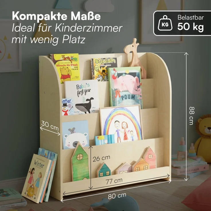 Bellabino 'Baru' Kinderbücherregal, Holz, natur unbehandelt, 88x30x80 cm, Montessori Kinderregal mit 4 Ablagefächern – Bild 6