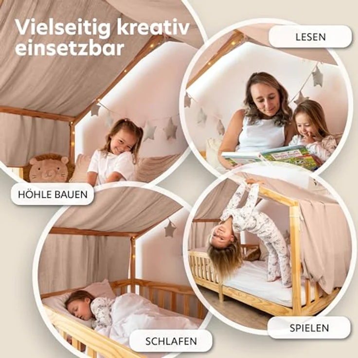 lilimaus Betthimmel Musselin Hausbett Himmel Kinderzimmer Baumwolle mit Gold, Gemütlicher Baldachin aus Baumwolle für traumhafte Kinderzimmer-Deko – Bild 4