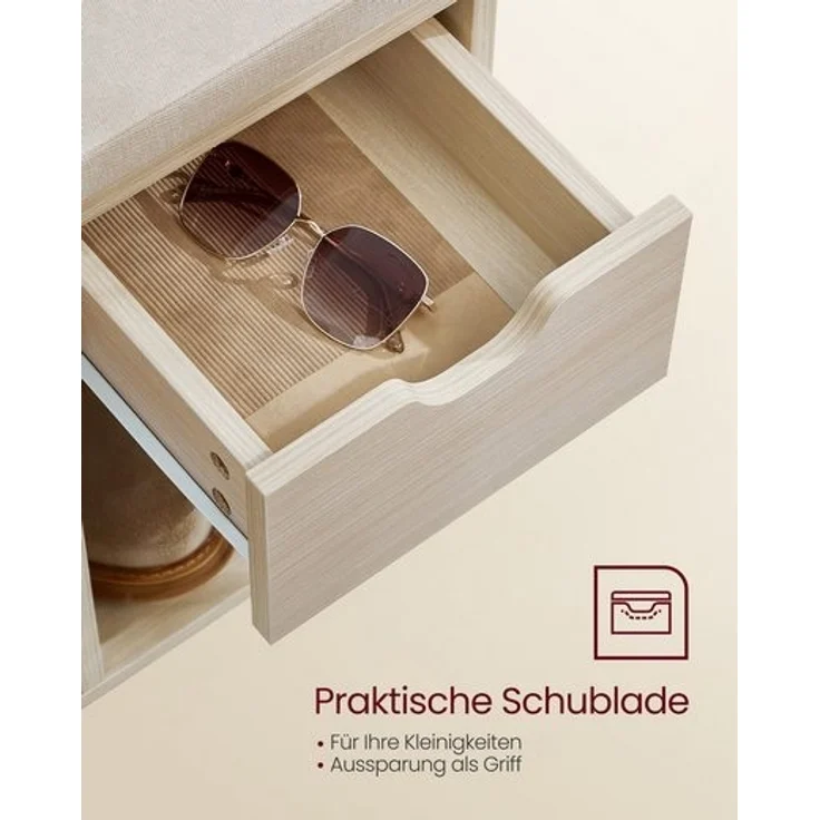 Vasagle Schuhbank, Schuhregal mit Schublade und offenen Fächern, Sitzbank, gepolsterter Sitz, Flur, Schlafzimmer und Eingangsbereich, 30 x 104 x 48 cm, naturbeige-cappuccinobeige LHSDE024K03 – Bild 4