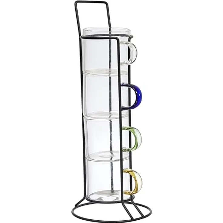 HOME DECO FACTORY, KA0498, Glass Espresso Cup with Holder, modern and elegant Design, ideal for Coffee, Tea and Desserts, Easy to clean, Set of 4, transparent, Multi-Colored, 80ml