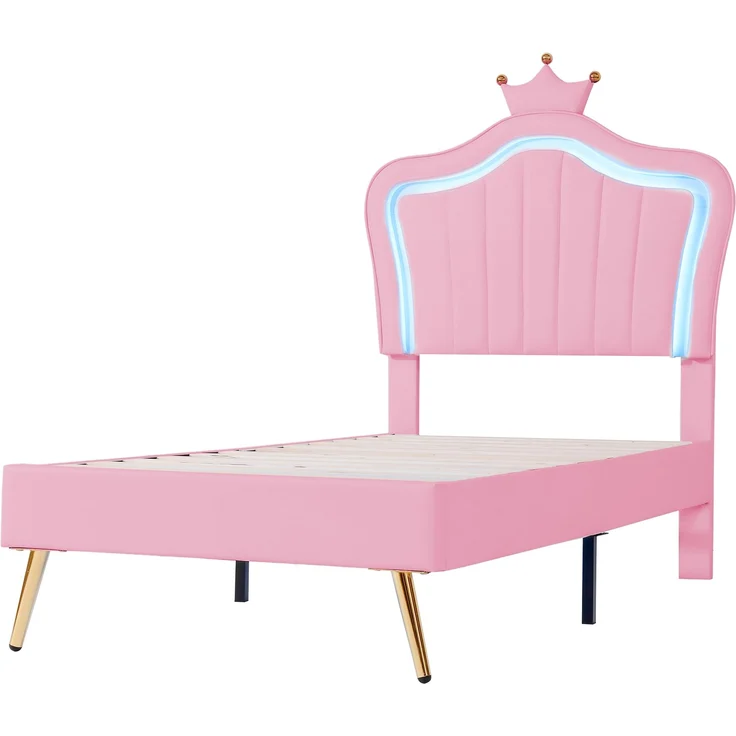 Bett 90x200 cm aus PU-Kunstleder mit LED-Leiste und verstellbarem Kopfteil – kindgerechtes Design in Pink – Bild 10