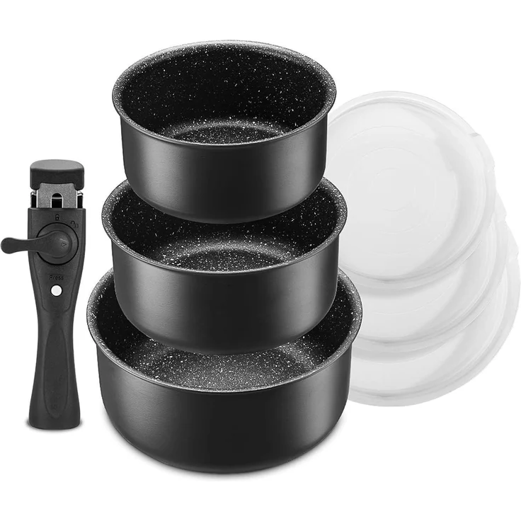 Kochtopf Set 7-tlg. 16+18+20cm abnehmbarer Griff Induktion Antihaft backofenfest – Bild 1