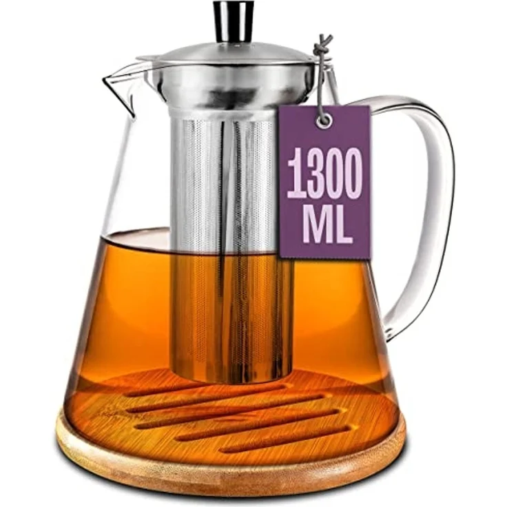 Cosumy Teekanne Teekanne Glas mit Edelstahl Siebeinsatz 1,3 L - Mit Untersetzer, 1300 l, (Set, Teekanne mit Siebeinsatz und Untersetzer), mit Siebeinsatz inkl. Untersetzer - Spülmaschinenfest - Hitzebeständig – Bild 1