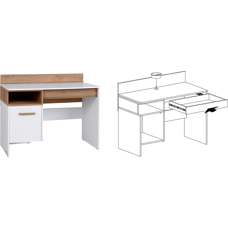 Marmex Möbel Grant Set-F Jugendzimmer Komplett-Set 4-teilig mit Kleiderschrank, Schreibtisch, Wandregal, Bücherregal, Kinderzimmermöbel mit Schreibtisch, laminierte Spanplatte, Kleiderstange, weiß+riviera Eiche, 234x195x55 cm – Bild 4
