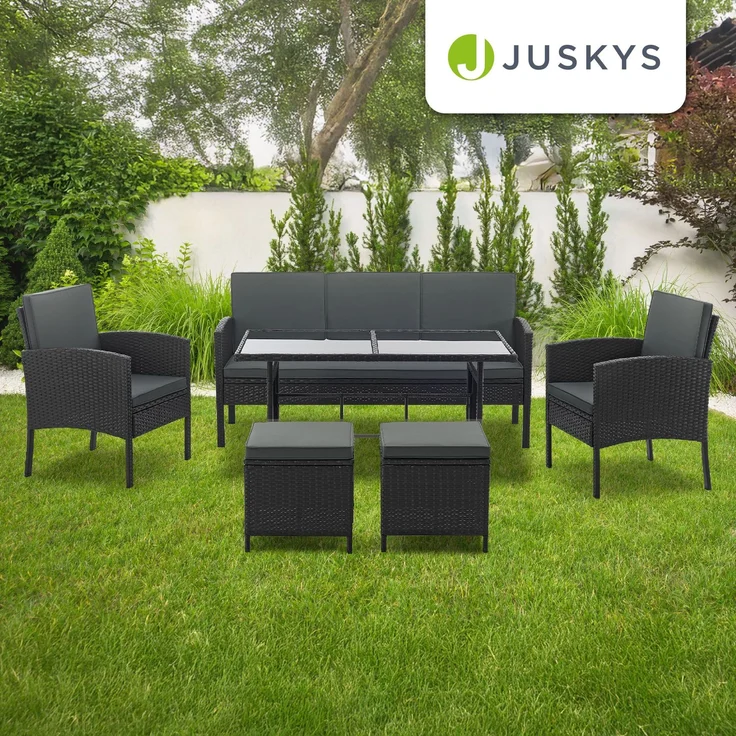 Juskys 'Turin' Outdoor Sitzgruppe für 7 Personen, Polyrattan, 120 x 70 cm, Schwarz – Bild 7