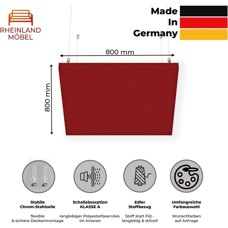Rheinland Möbel FocusWall DAQ0808 – Quadratischer Akustik-Deckenabsorber 80×80 cm in Stofffarbe Calypso inkl. Chrom-Stahlseilen - Made in Germany - Klasse A, Stoffbezug, schwer entflammbar – Bild 2