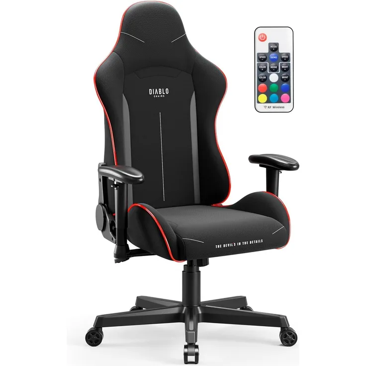 Diablo X-ST4RTER Gaming Stuhl Chair Bürostuhl Schreibtischstuhl Ergonomisch Stoffbezug 2D Armlehnen Kippmechanismus (Schwarz (LED))