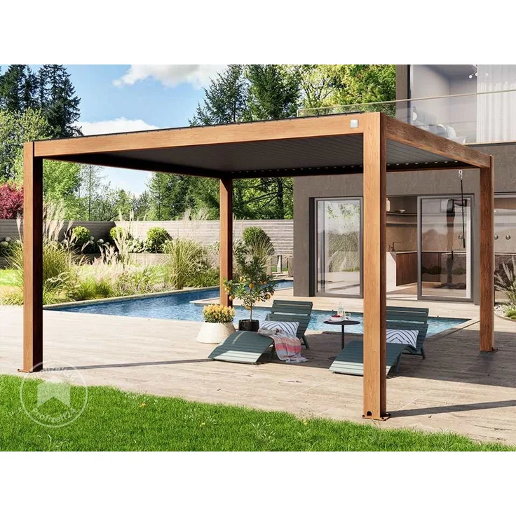 PRIMEYARD Pergola 4x4 m Aluminium Pfosten mit Lamellendach aus Aluminium holzfarbene Terrassenüberdachung – Bild 1