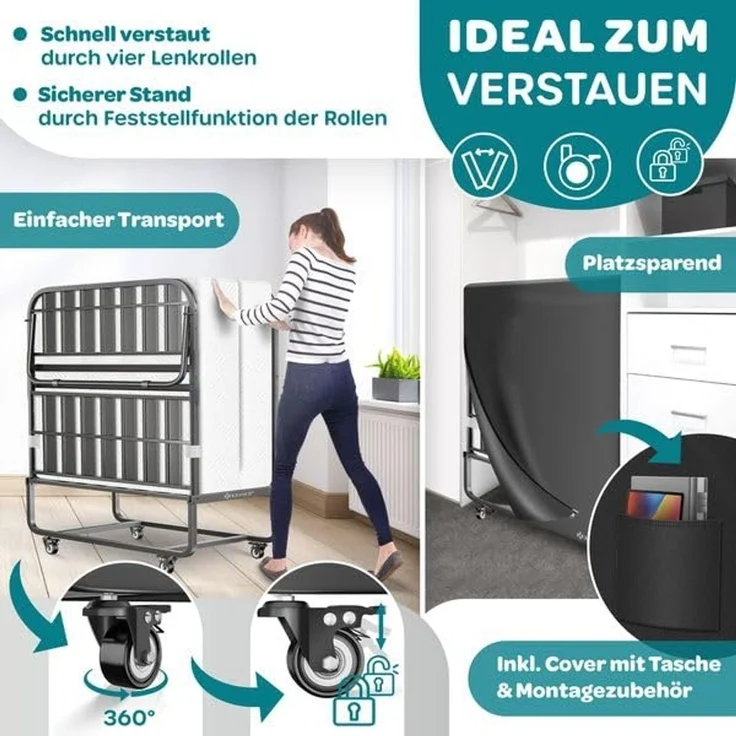 KESSER® Klappbett 200x90cm Gästebett inkl. Matratze aus Memory-Schaum & Rollen | faltbares Reisebett mit Metallrahmen für Erwachsene belastbar bis 250kg | Metallbett mit Schaumstoffmatratze & Cover Weiß, Premium Komfort – Bild 4