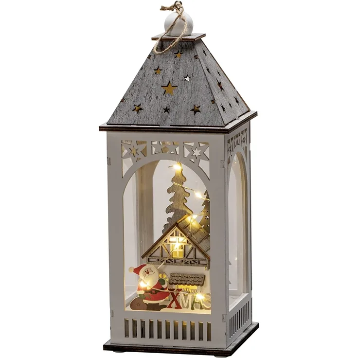 Konstsmide LED Holzlaterne mit Haus, weiß, 6h Timer, 8 warm weiße Dioden, batteriebetrieben, Innen - 3270-210