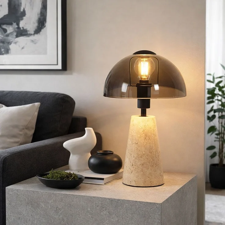 Tischleuchte, Travertine Stein, Glas rauchfarben, H 31 cm – Bild 4