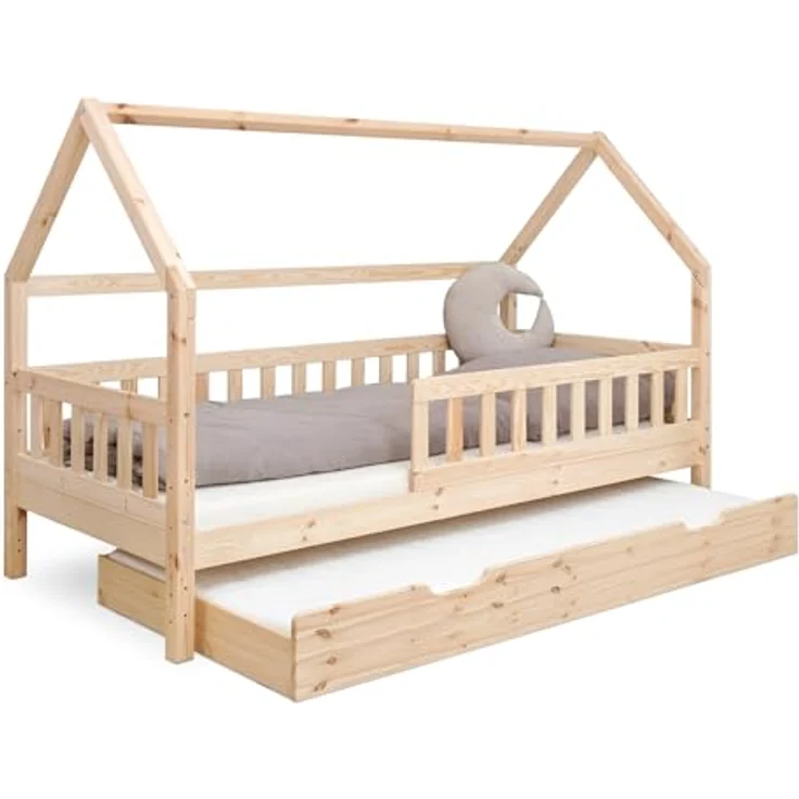 Ehrenkind Hausbett aus nachhaltigem Kiefernholz (mit abnehmbarem Rausfallschutz aus nachhaltigem Holz, Erhältlich in Natur und Weiß Kinderbett 80x160/90x200 cm), höhenverstellbar, nachhaltiges Kiefernholz, hergestellt in Europa – Bild 2