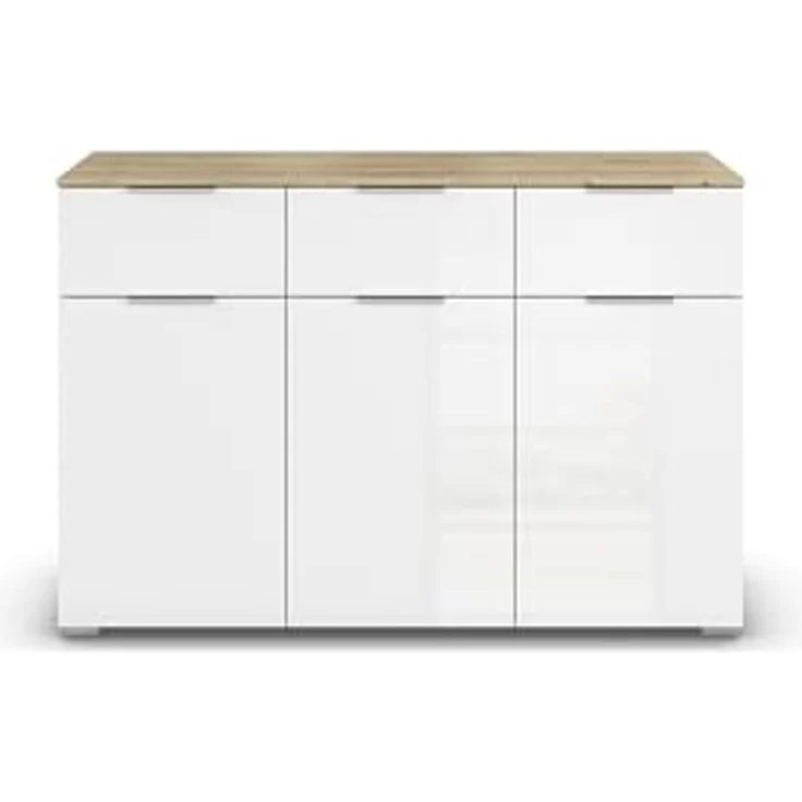 Rauch Möbel Alabama, Kommode für Schlafzimmer, Kinderzimmer, Garderobe, Flur, 3-türig, mit 3 Schubladen, SOFT-CLOSE-Fuktion, Farbe Weiß Hochglanz/Eiche Artisan, Holz, Griff Alufarben, Maße 120 x 81 x 42 cm – Bild 4