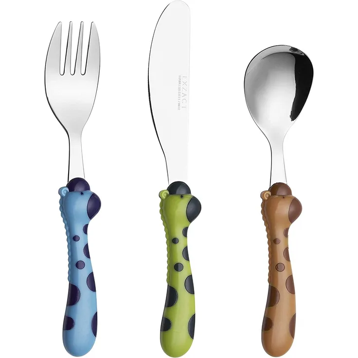 EXZACT Edelstahl 3-tlg Kinderbesteck Set - 1 x Gabeln, 1 x Menuemesser, 1 x Abendessen Löffel (Giraffe x 3)