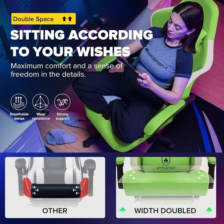 GTPLAYER Gaming Stuhl Ergonomischer Gaming Sessel Schreibtischstuhl Kunstleder, Federsitzkissen, Verbindungsarmlehnen und Fußstütze 150KG, grün – Bild 3