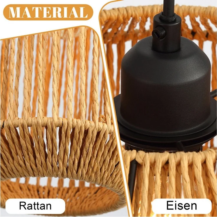 Nettlife Pendelleuchte Rattan Hängeleuchte 3 flammig Boho E27 für Esszimmer Wohnzimmer, Ohne Leuchtmittel, für Esstisch Esszimmer Schlafzimmer Wohnzimmer – Bild 3