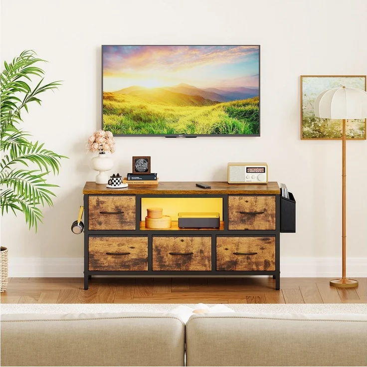 Dripex Lowboard TV Schrank für Fernseher mit LED und Schubladen und offenen Regalen, mit RGB LED Beleuchtung – Bild 2