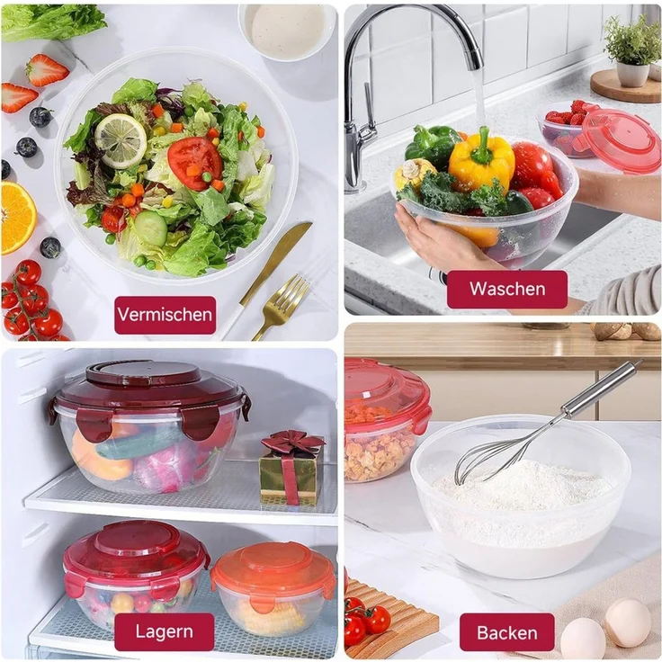 Elegear Müslischale Salatschüssel mit luftdicht Deckel, 4,5L/3,2L/1,8L/1L Salatschüssel, ABS, (2-tlg), mit Tragegriff Gabeln Löffel, Stapelbar Schüsseln Frischhaltedosen – Bild 4