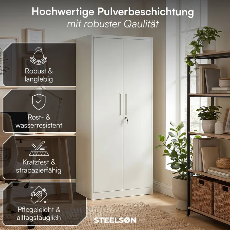 STEELSØN 'Regulus' Aktenschrank, Metall, weiß, 175x40x80 cm, abschließbar, Metallschrank mit 5 Fächern, geeignet als Werkzeugschrank – Bild 2