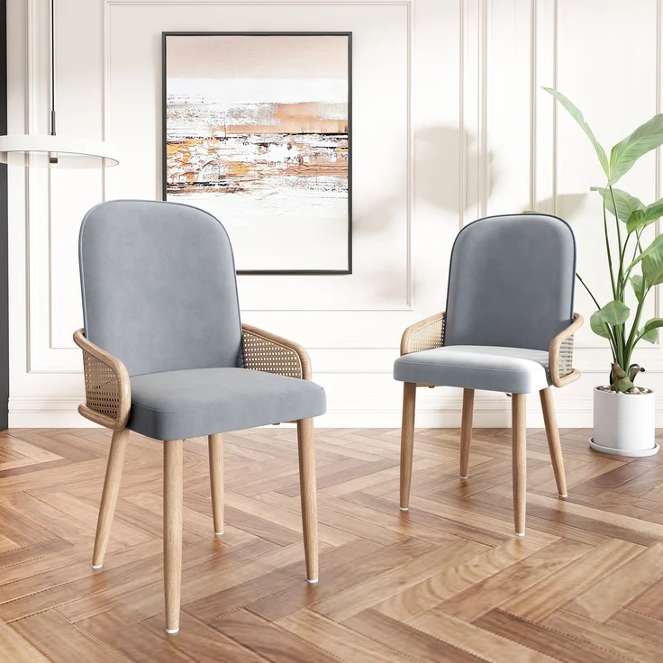 Merax Esszimmerstuhl aus Samt, 2er-Set, Rattan-Design, Wohnzimmer, Schlafzimmer, Mit vier Metallbeinen (Holzmaserungseffekt), Grau – Bild 3