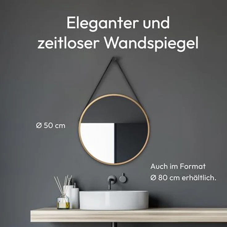 Talos Golden Style Wandspiegel Ø 50 cm, runder Badspiegel in Gold mit hochwertigem Aluminiumrahmen und Lederoptik Aufhängung, vielseitig einsetzbar – Bild 3