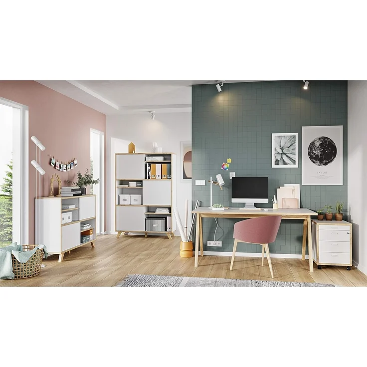 Germania Schiebetürregal 4170-513 GW-Helsinki, in Weiß/Eiche, 120 x 92 x 40 cm (BxHxT) – Bild 2