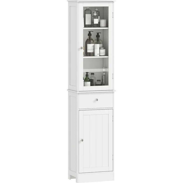 Platzsparende mobile Badezimmersäule mit Schrank, Schublade und Einlegeböden aus MDF, 40 x 27 x 171,5 cm, Weiß